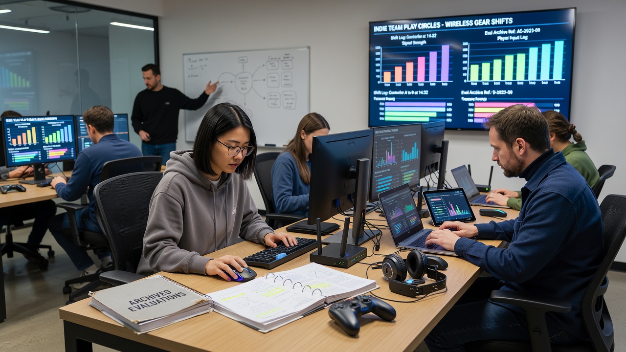 Indie team members comparing archived wireless benchmark charts during a multiplayer planning session