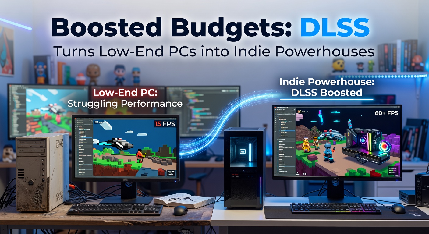 A low-end PC setup displaying a vibrant indie game scene boosted by DLSS, showing smooth 60 FPS gameplay on integrated graphics