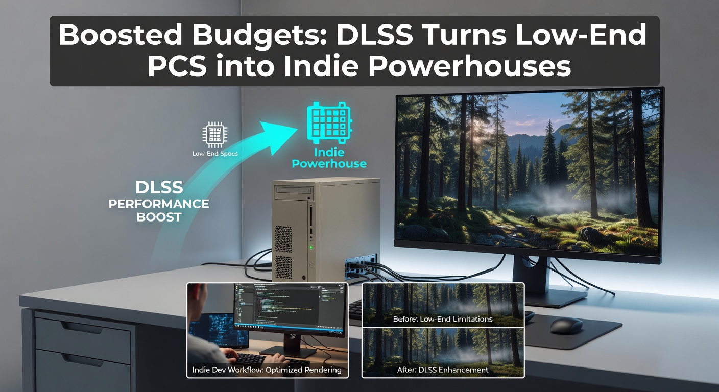 Benchmark chart comparing FPS in indie games with and without DLSS on low-end hardware, highlighting dramatic performance boosts