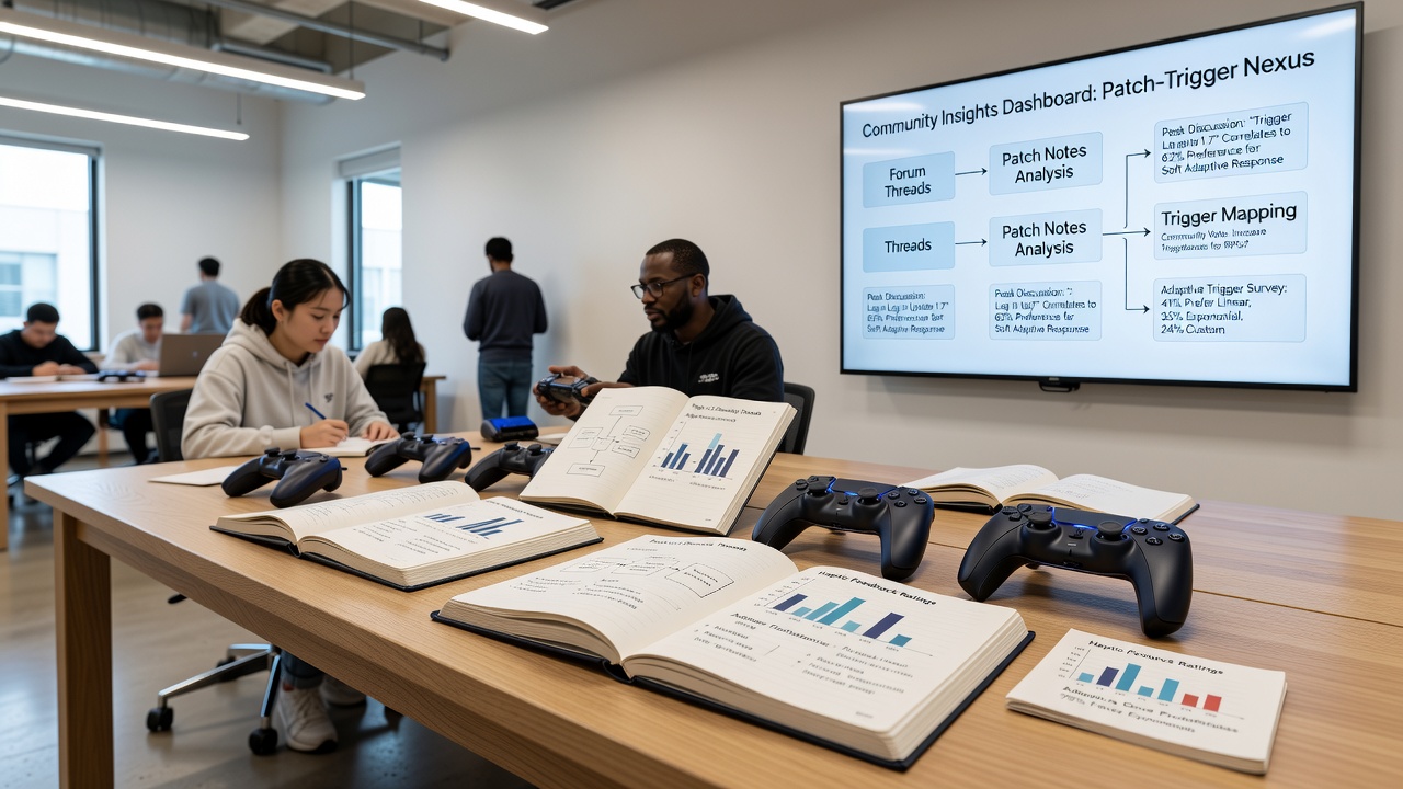 Players comparing adaptive trigger settings during narrative group sessions on mixed hardware platforms