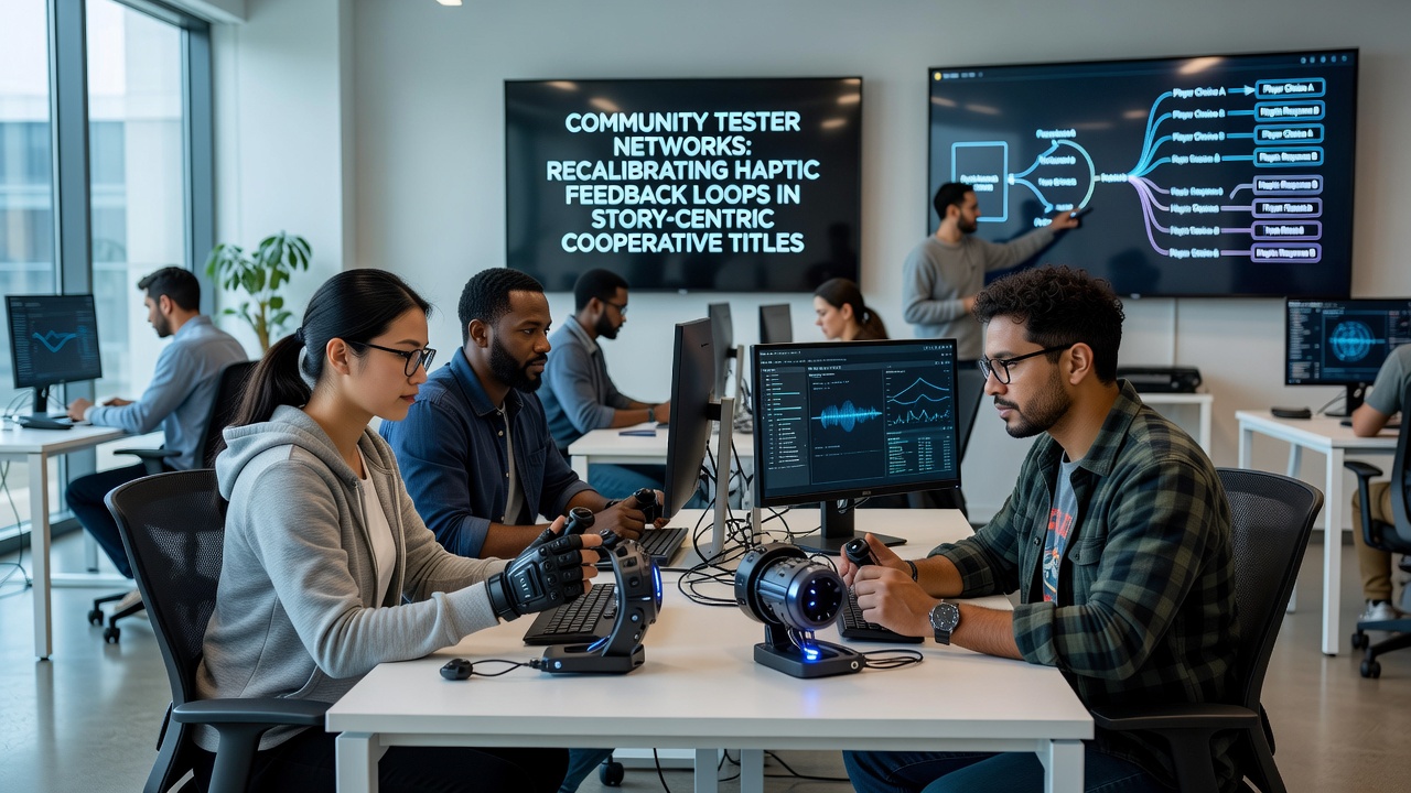 Testers comparing haptic responses on PC and console controllers during co-op sessions