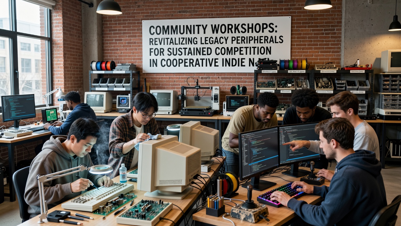 Participants testing restored legacy joysticks during a mixed-hardware cooperative gaming session in a community workshop