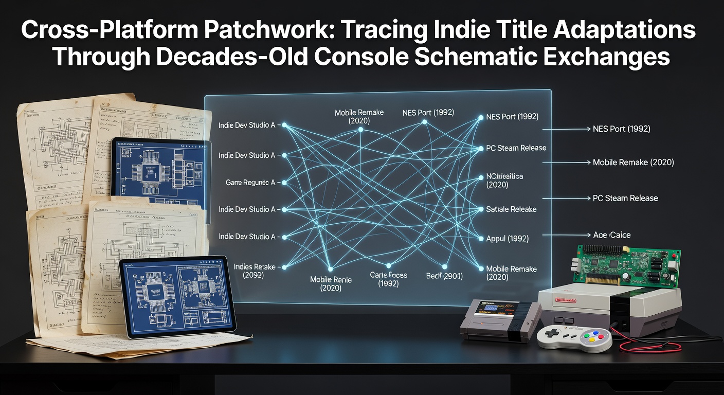 Historical console schematics and indie game adaptation workflow diagrams spread across a workbench