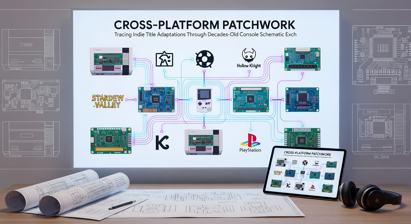 Developers reviewing archived console circuit diagrams during a cross-platform porting session