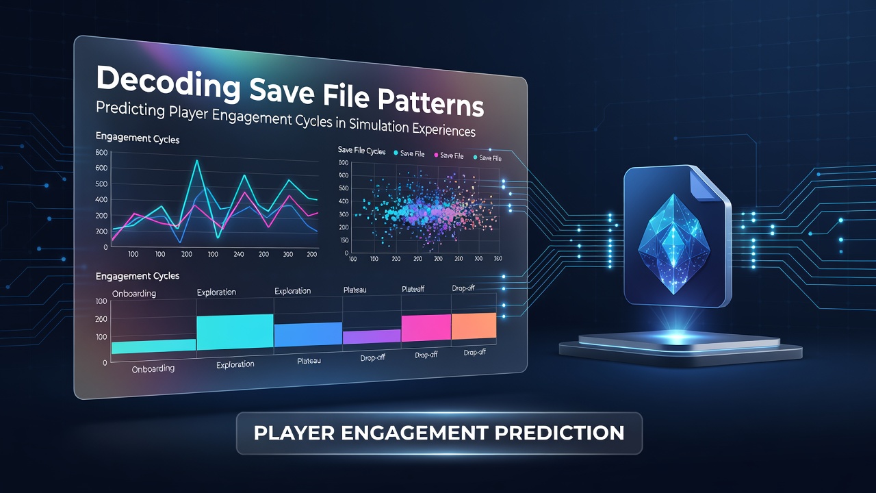 Visual representation of save file data analysis showing player activity graphs and engagement timelines in simulation games
