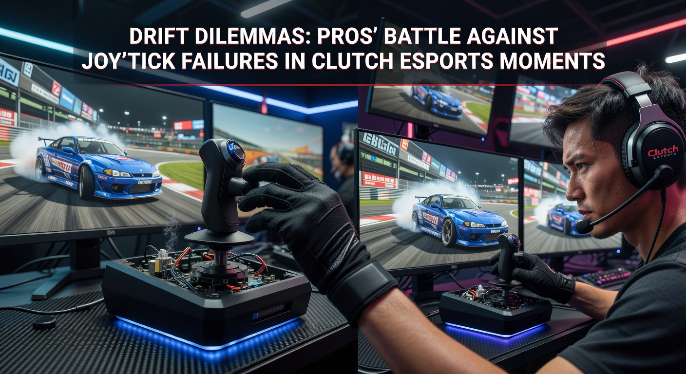 Esports professional grimacing at screen during a critical match as joystick drift disrupts precise inputs