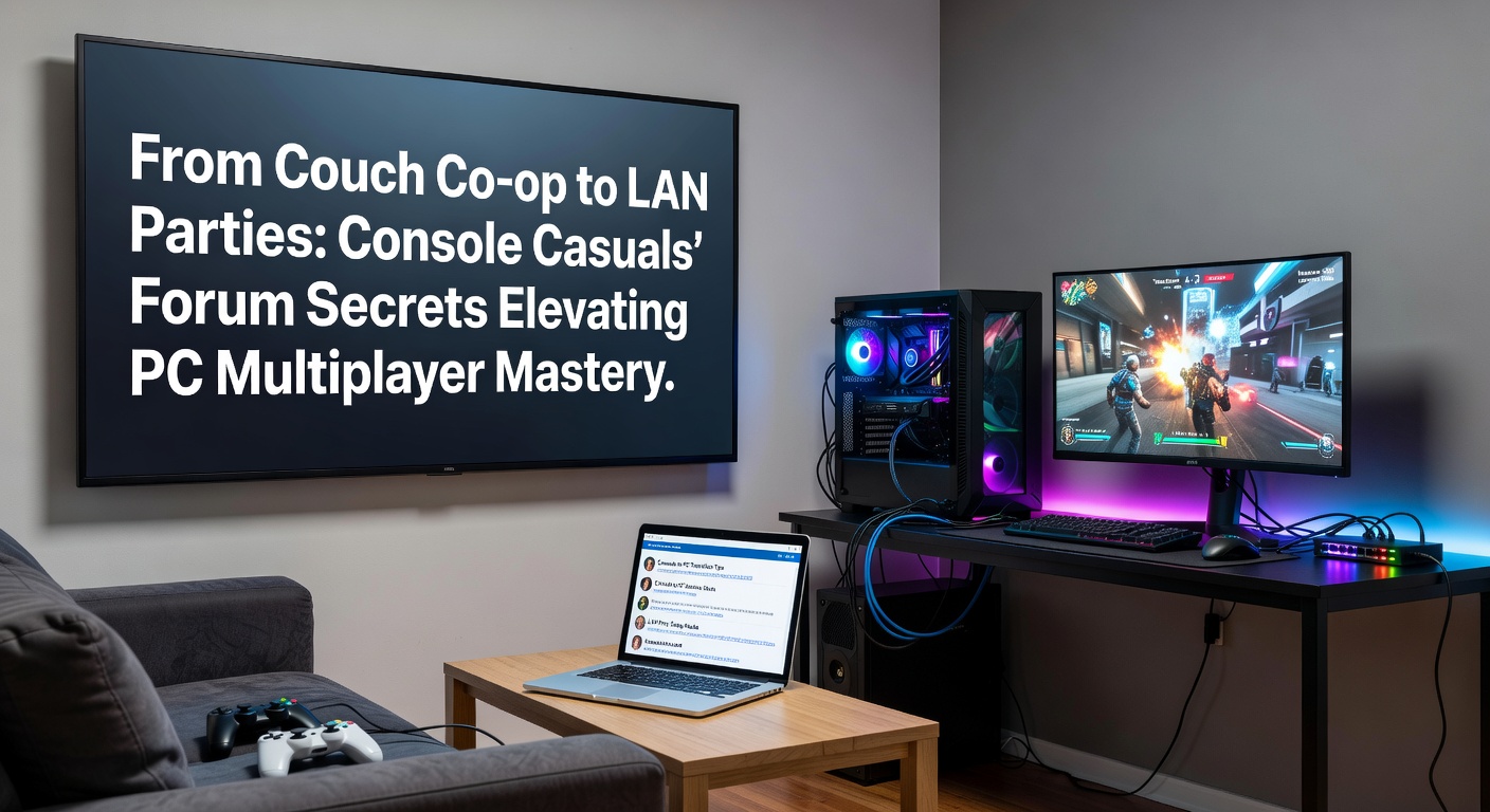 Group of console gamers huddled on a couch playing local co-op, controllers in hand, with PC monitors glowing in the background hinting at an upcoming transition