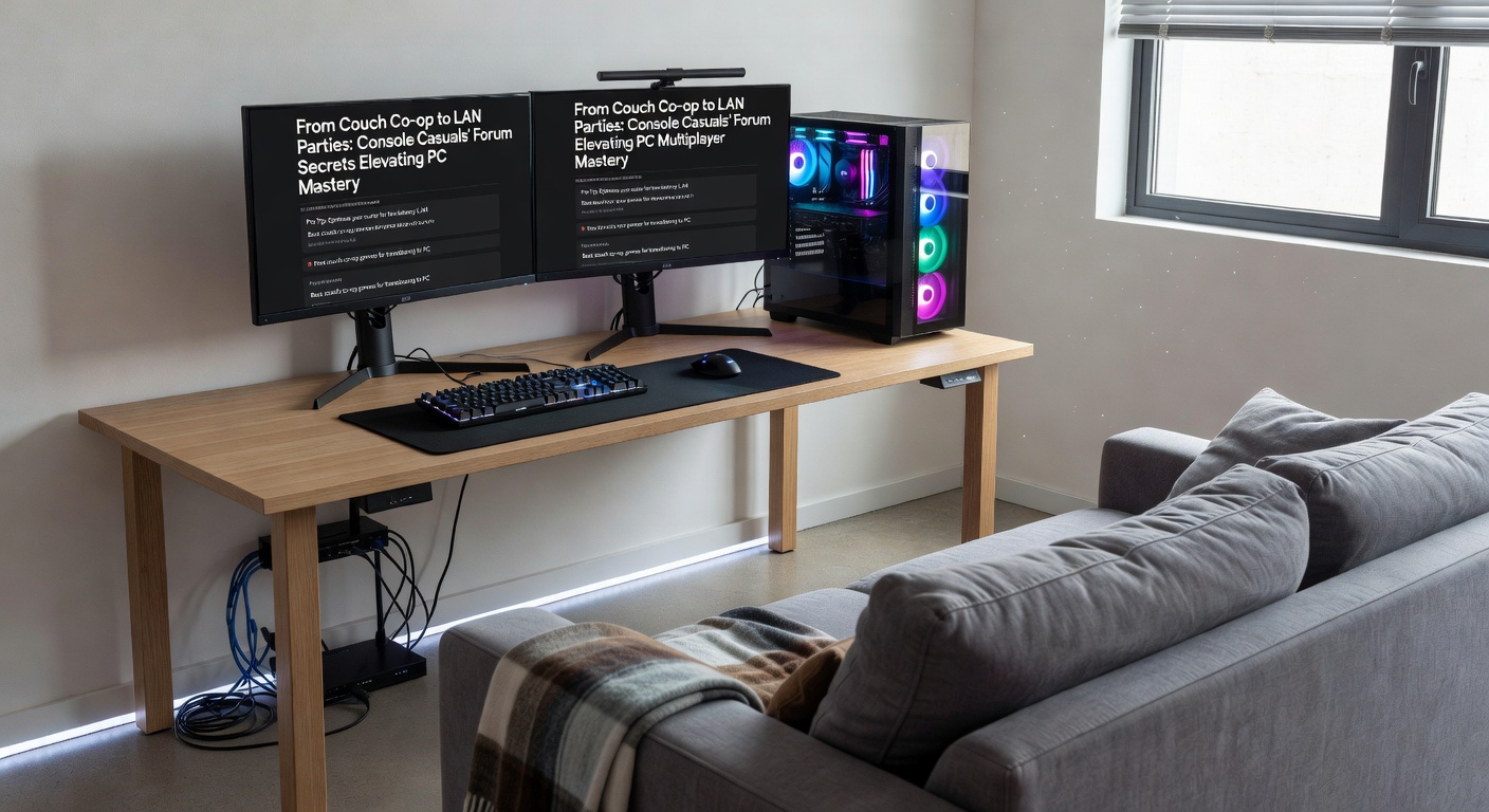 LAN party scene with PC rigs networked together, console controllers repurposed nearby, gamers huddled over screens sharing forum tips on monitors