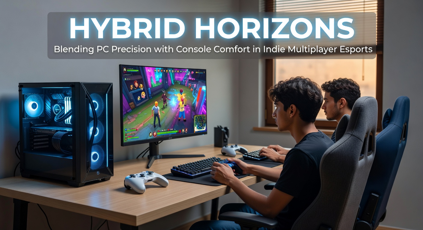 Players in a hybrid esports setup, one using PC mouse for precision shots while teammates wield console controllers in a lively indie multiplayer match