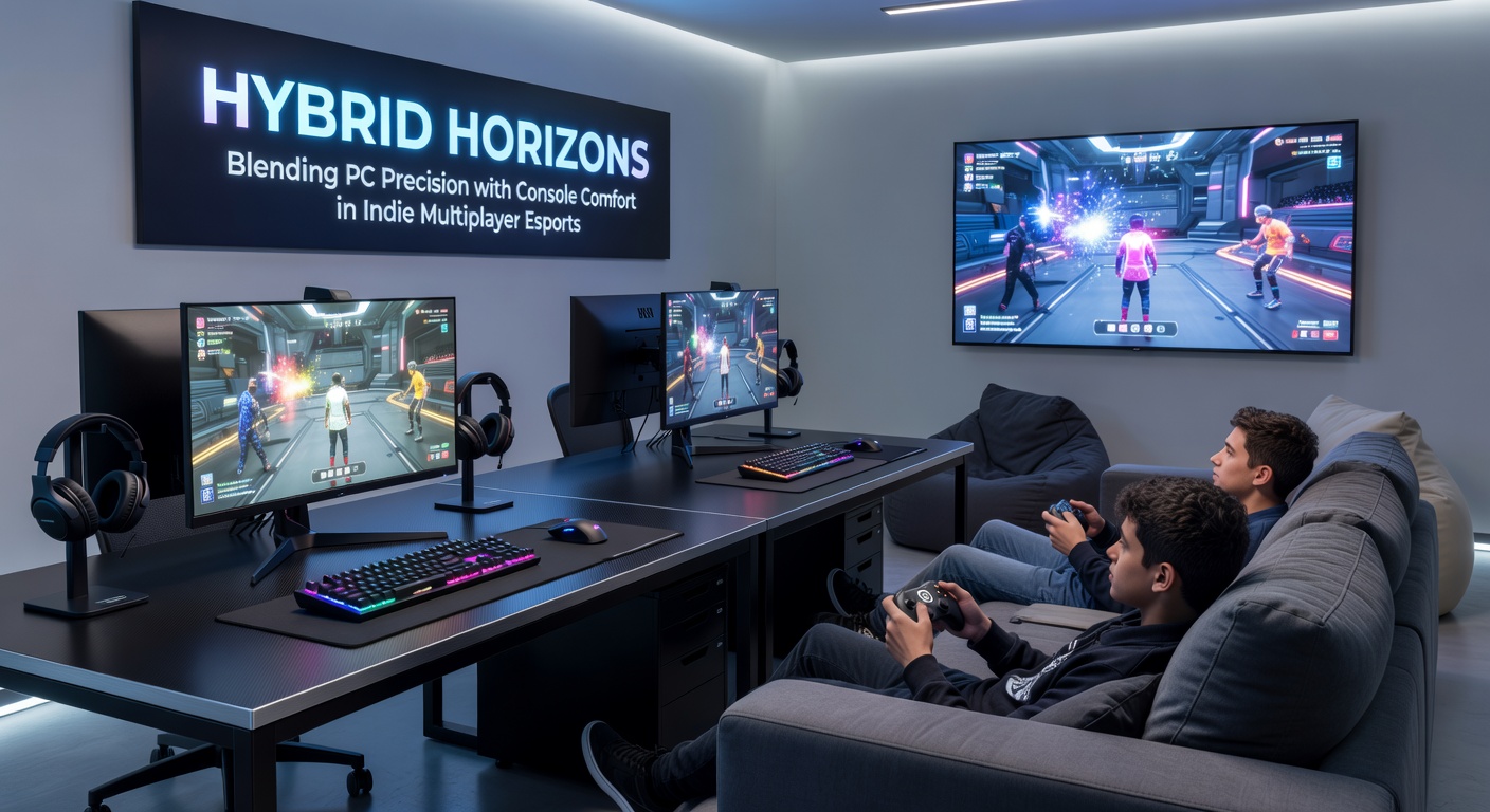 Close-up of a hybrid gaming rig showing PC monitor paired with console controller and custom input adapters during an indie esports qualifier