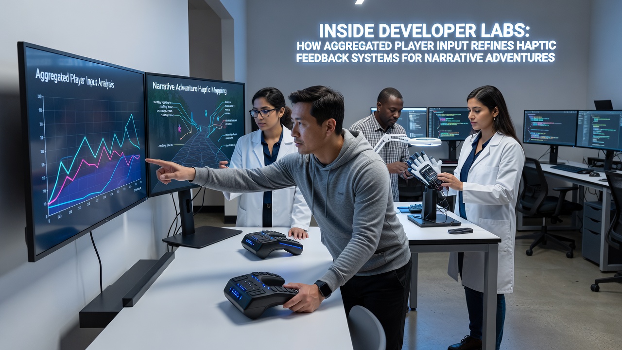 Developer lab setup showing haptic feedback testing equipment and player data aggregation screens for narrative adventure games