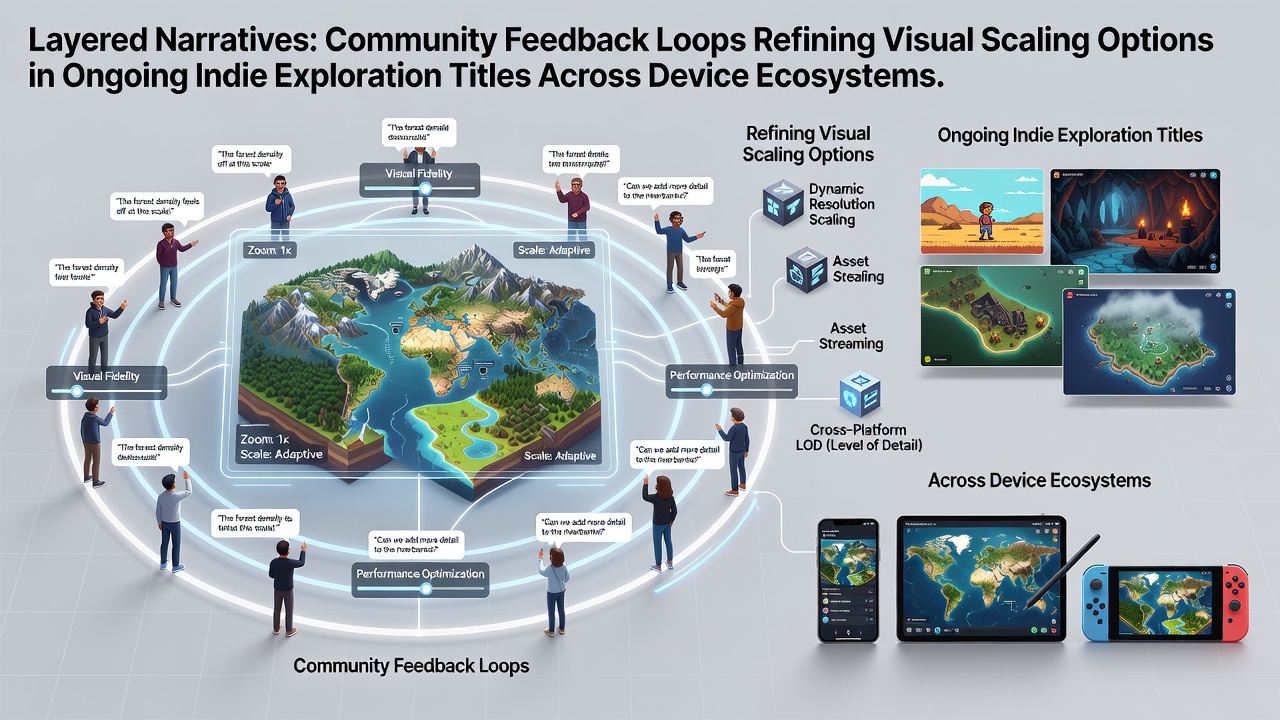 Community members discuss visual scaling adjustments in indie exploration games across multiple device types during a live feedback session