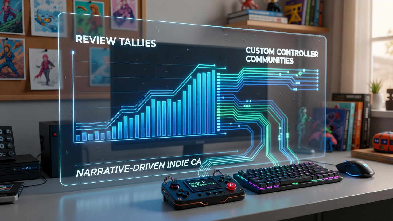 Custom modified controllers displayed next to narrative indie game interfaces and review score summaries