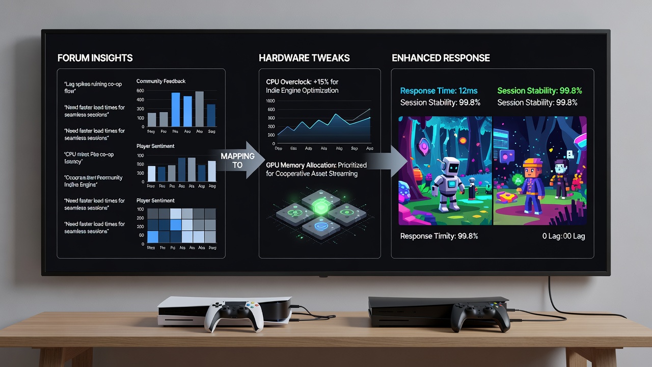 Group of players testing hardware configurations on consoles for indie cooperative esports matches