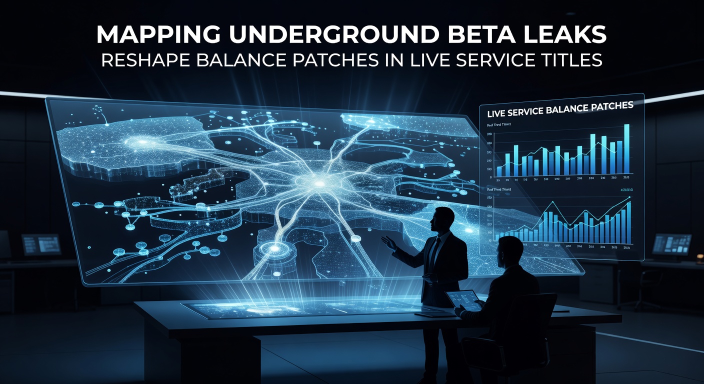 Network diagram showing beta test servers connected to underground forums where data packets travel toward balance patch development pipelines