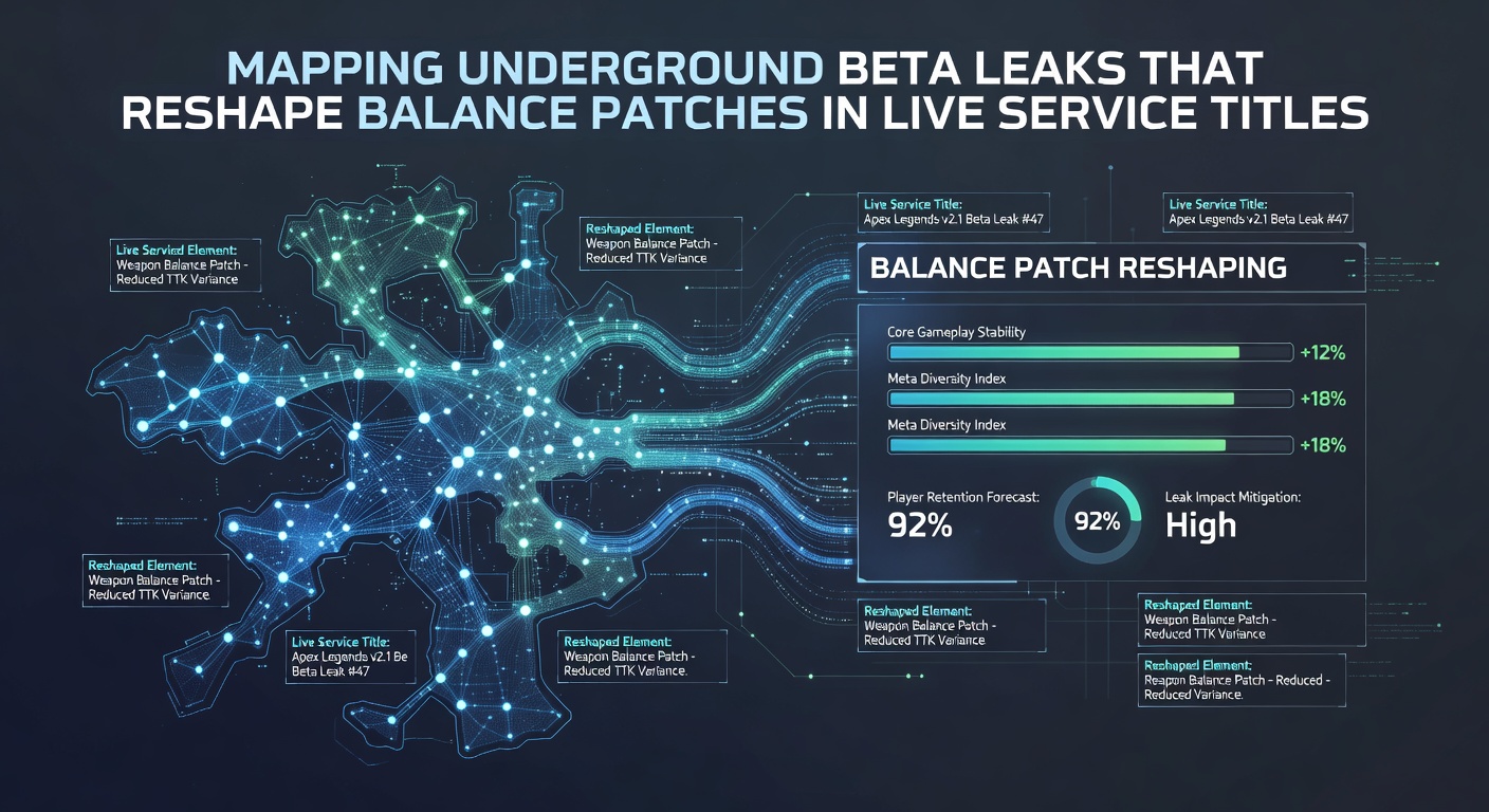 Timeline infographic displaying beta test dates, leak emergence points, and corresponding balance patch releases across multiple live service titles