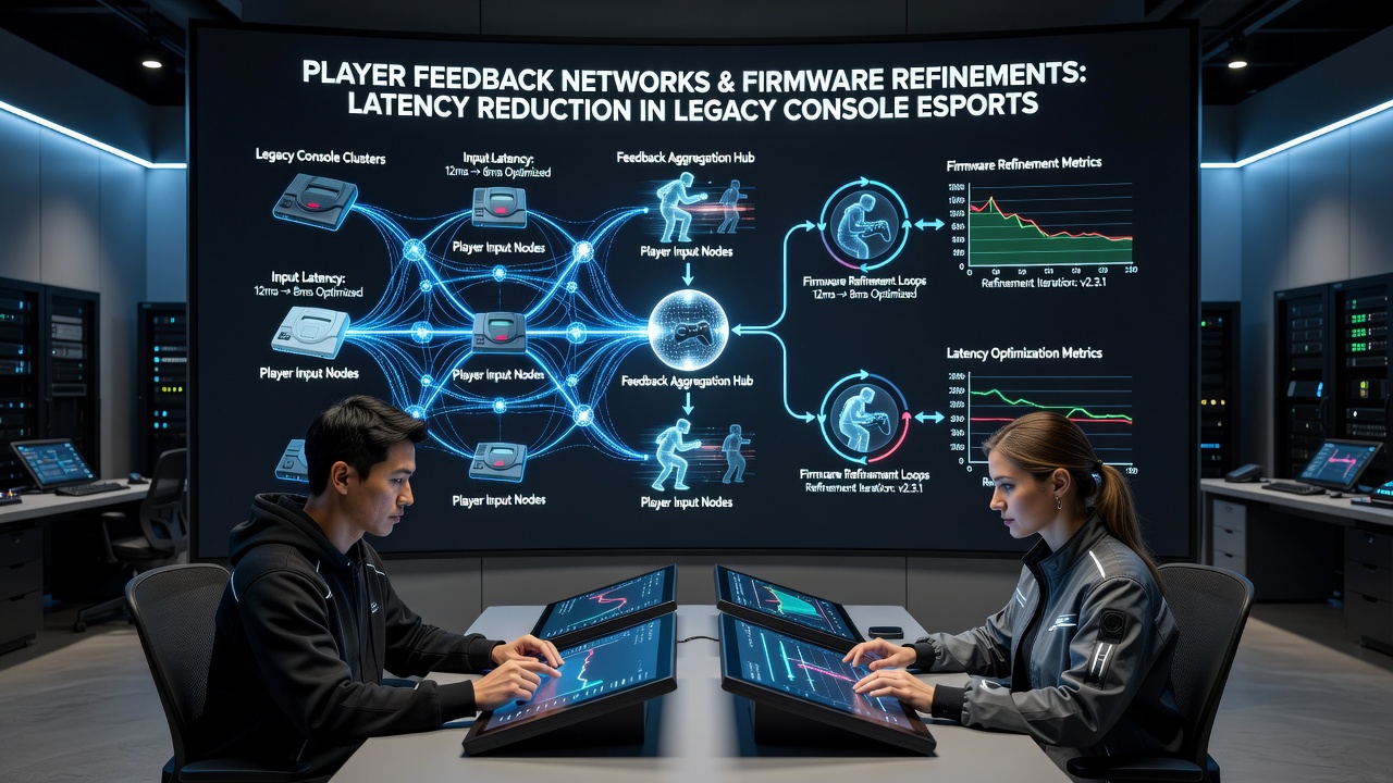 Technical diagrams and community logs illustrating firmware changes for reduced latency on older consoles