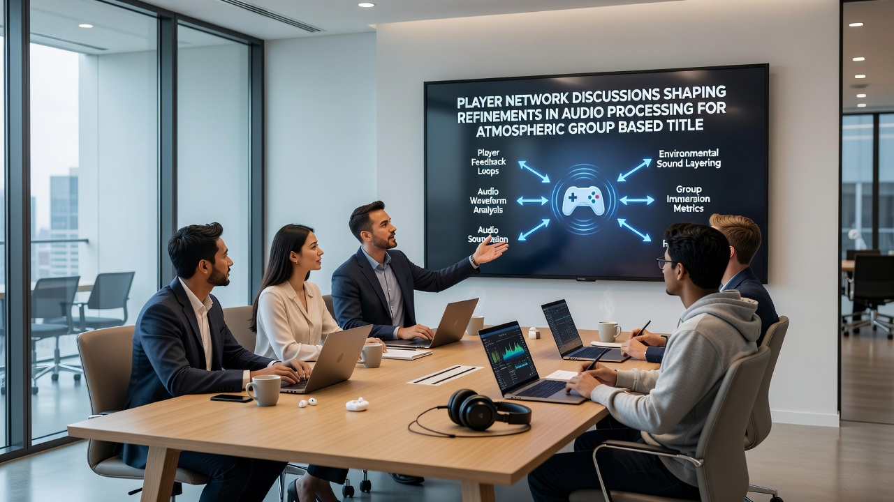 Developers reviewing player-submitted audio test data for atmospheric multiplayer refinements