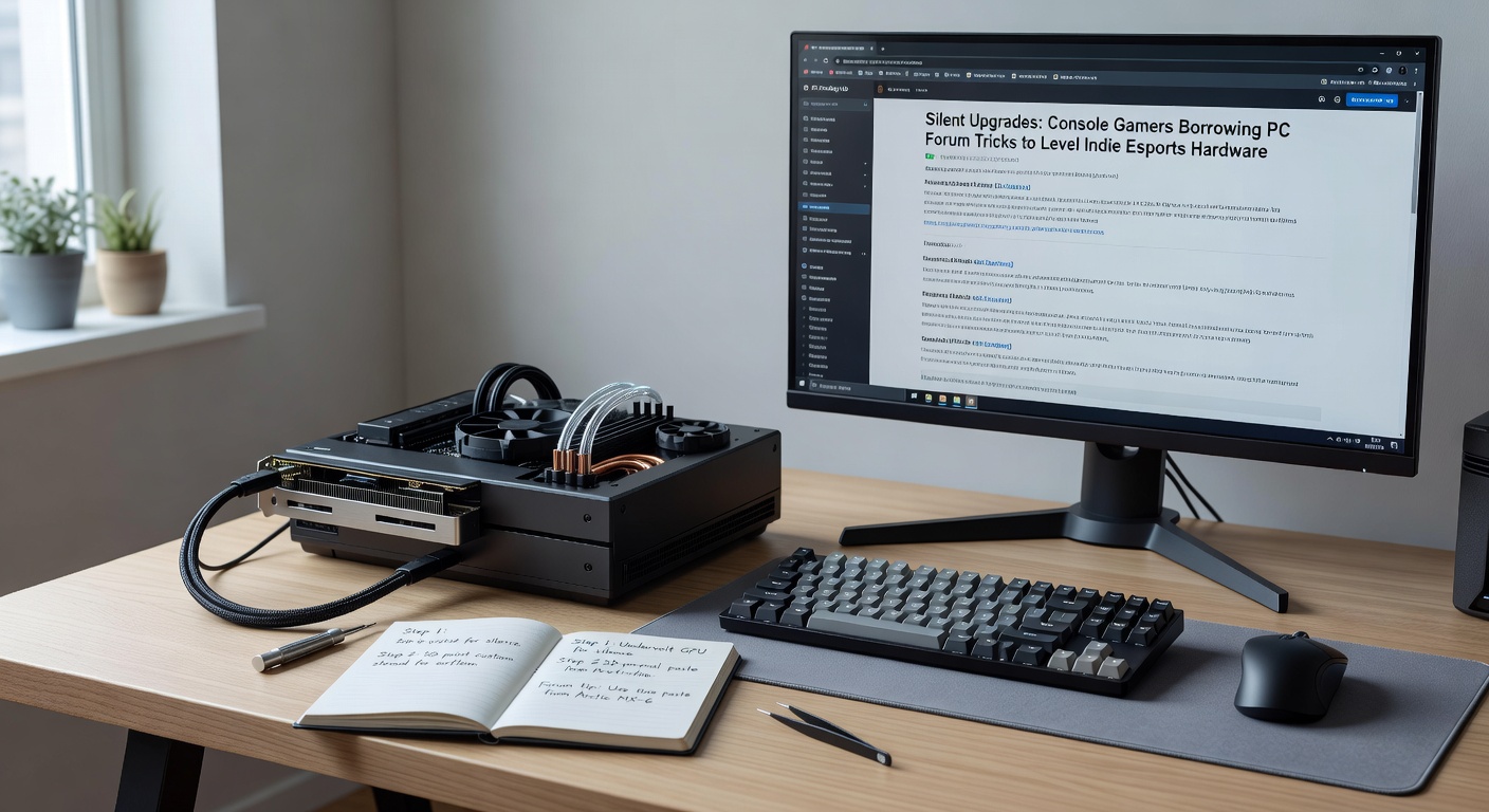 Indie esports competitors reviewing forum-sourced hardware optimization guides on console setups