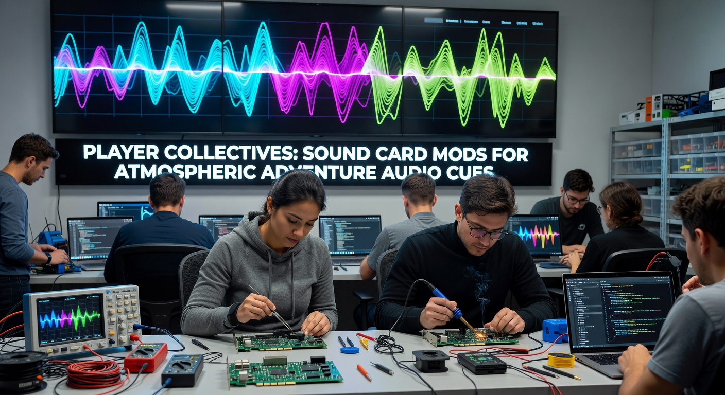 Players gathered around modified sound card setups testing audio enhancements for adventure games